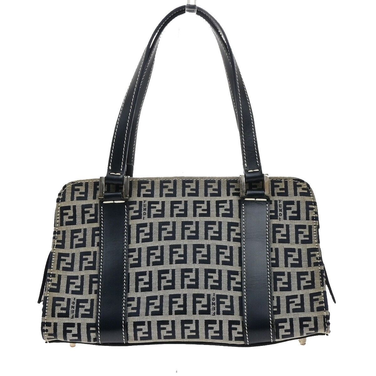 FENDI Logo Zucca Pattern Shoulder Bag Canvas Leather Navy Blue Italy 83KA549