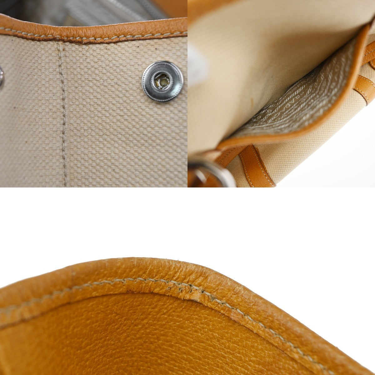 PRADA Logo Shoulder Tote Hand Bag Canvas Leather Beige Orange SHW Italy 34MA594