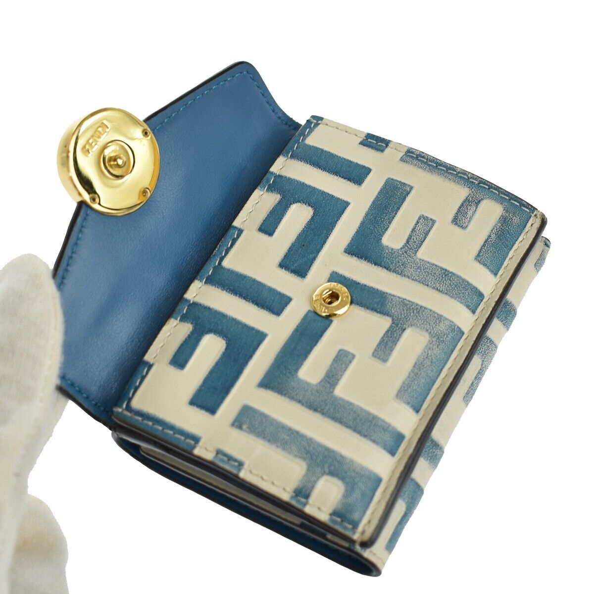 FENDI Zucca Pattern Mini Trifold Wallet Purse Leather Blue White Italy 61YD091