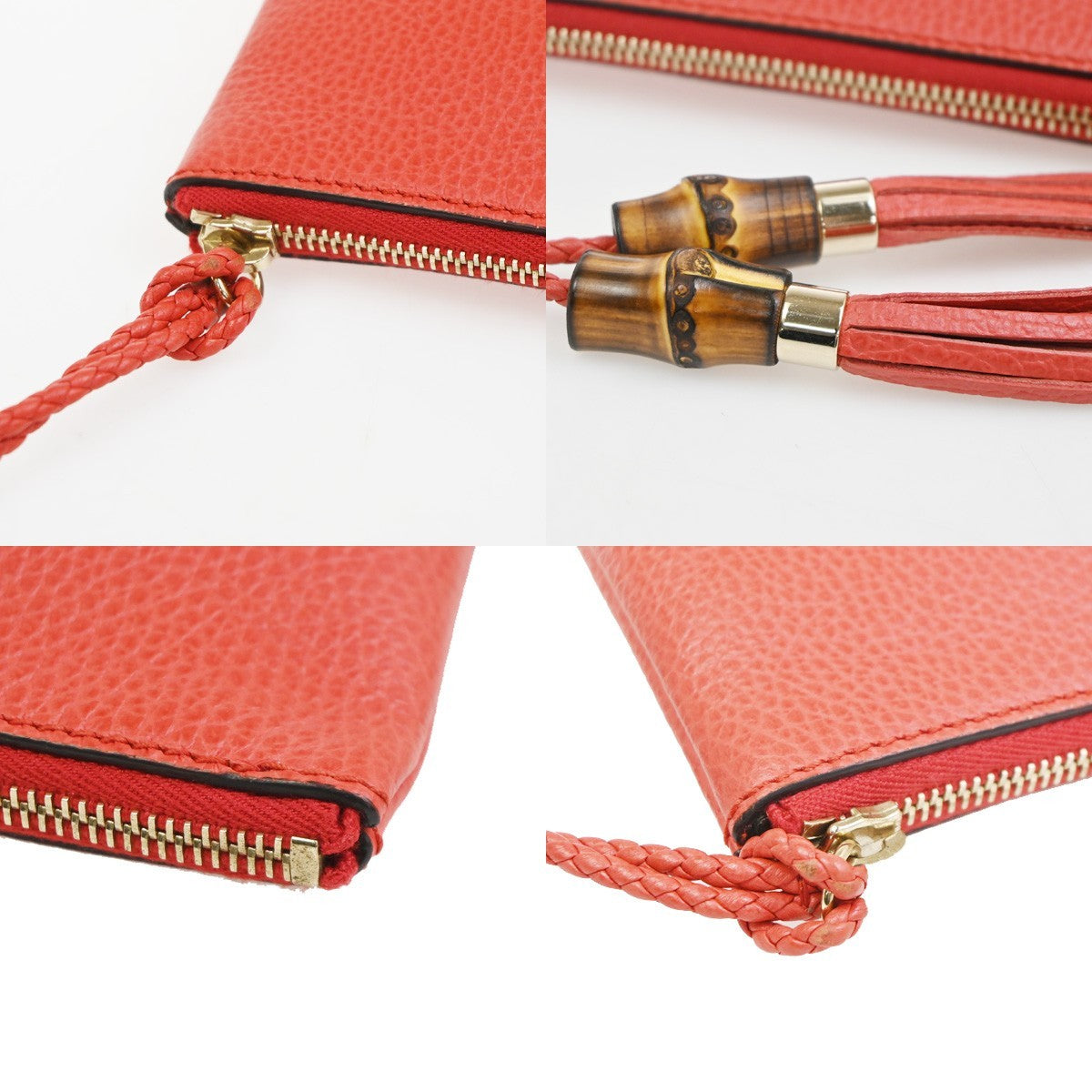 GUCCI Logo Bamboo Charm Clutch Pouch Bag Pebbled Leather Red Italy 61KC890