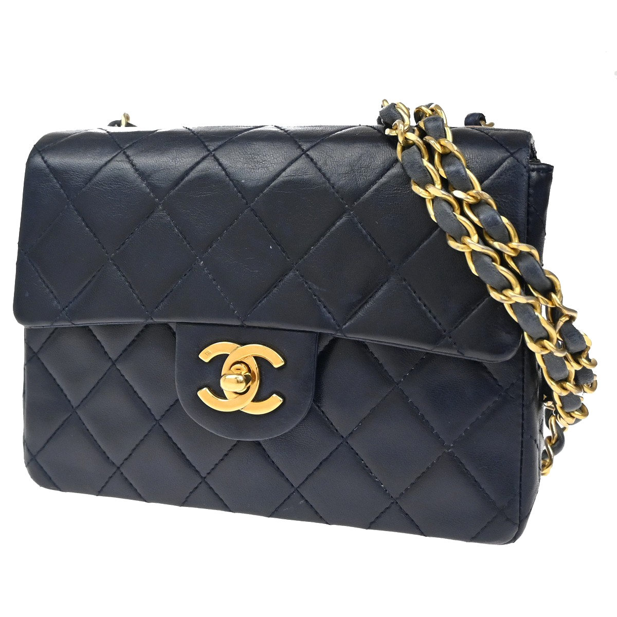 CHANEL CC Logo Mini Matelasse Chain Shoulder Bag Leather Blue GHW 373RL397