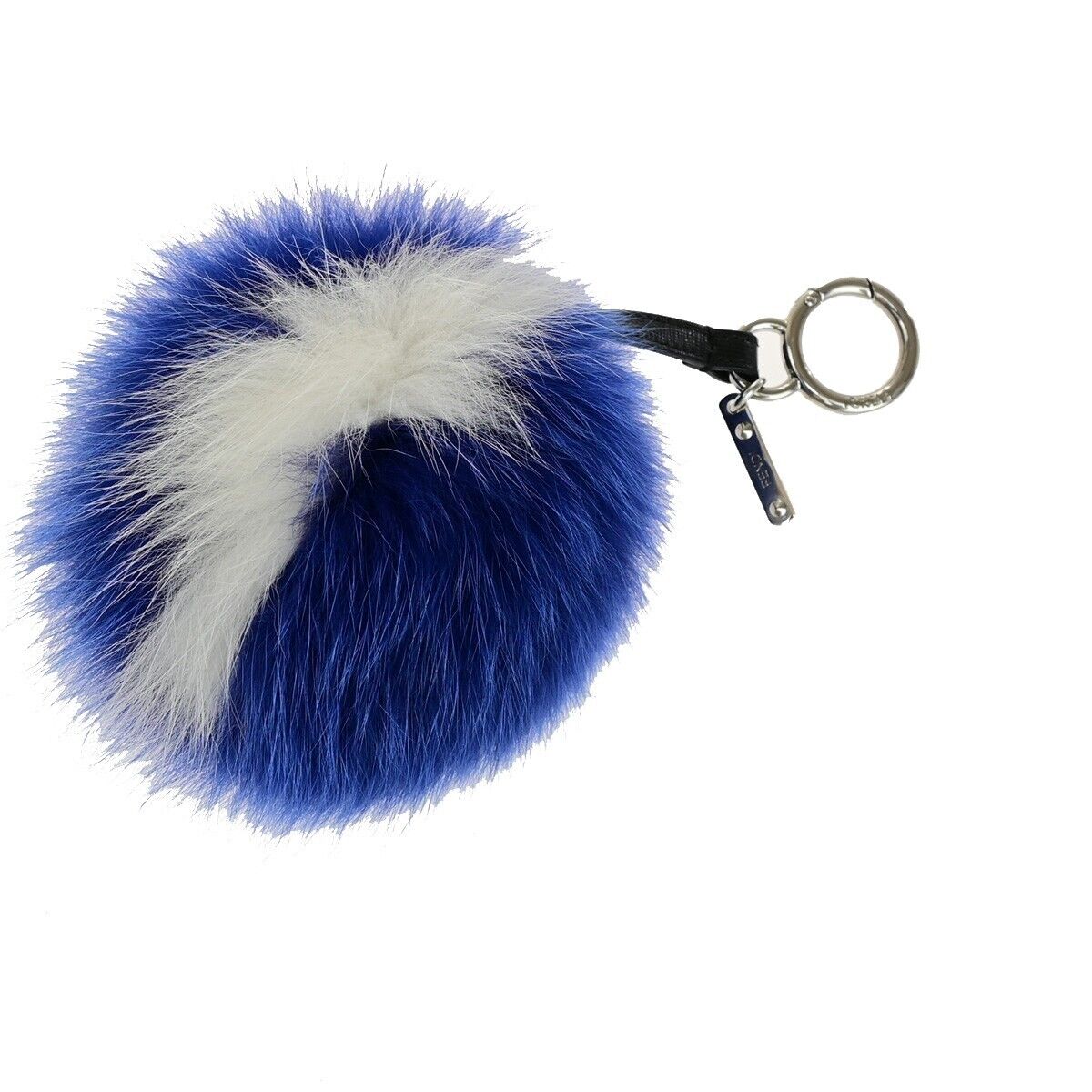 FENDI Logo Pompom Bag Charm Key Ring Chain Fur Leather Blue White SHW 04KA449