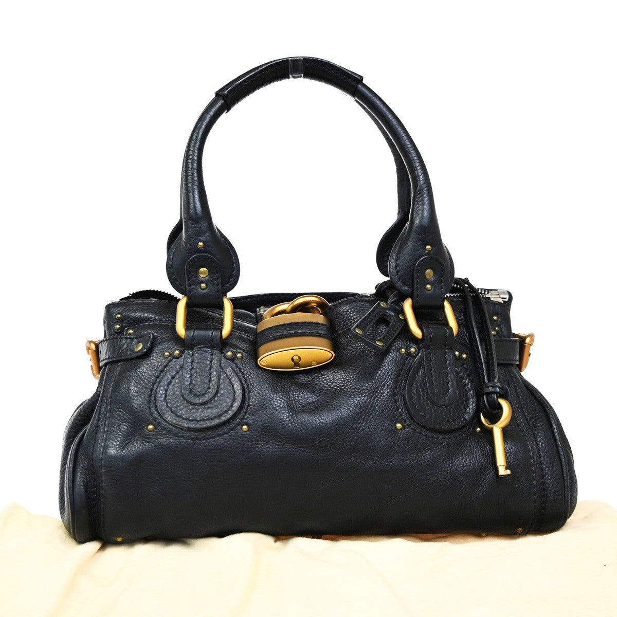 CHLOE Logo Paddington Padlock  Shoulder Handbag Leather Black GHW Italy 620RL739