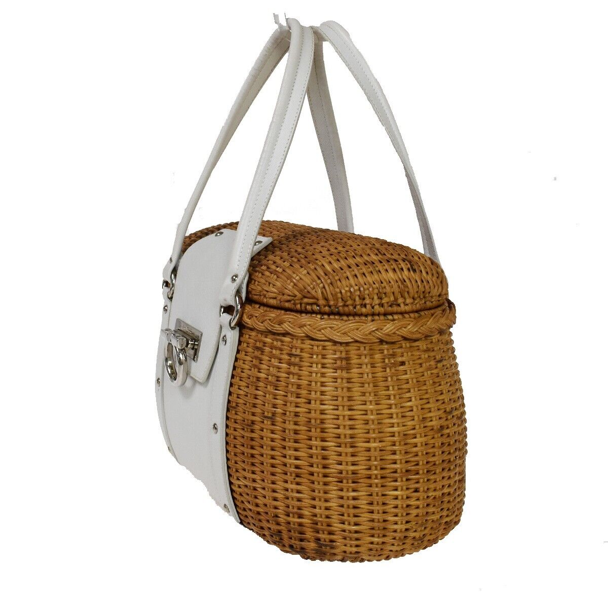 SALVATORE FERRAGAMO Basket Gancini Shoulder Bag Straw Leather Brown WE 88RH761