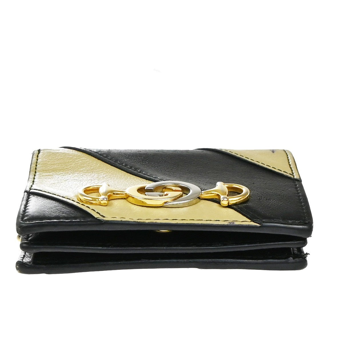 GUCCI GG Logo Zumi Chain Compact Wallet Leather Black Beige 60EG391