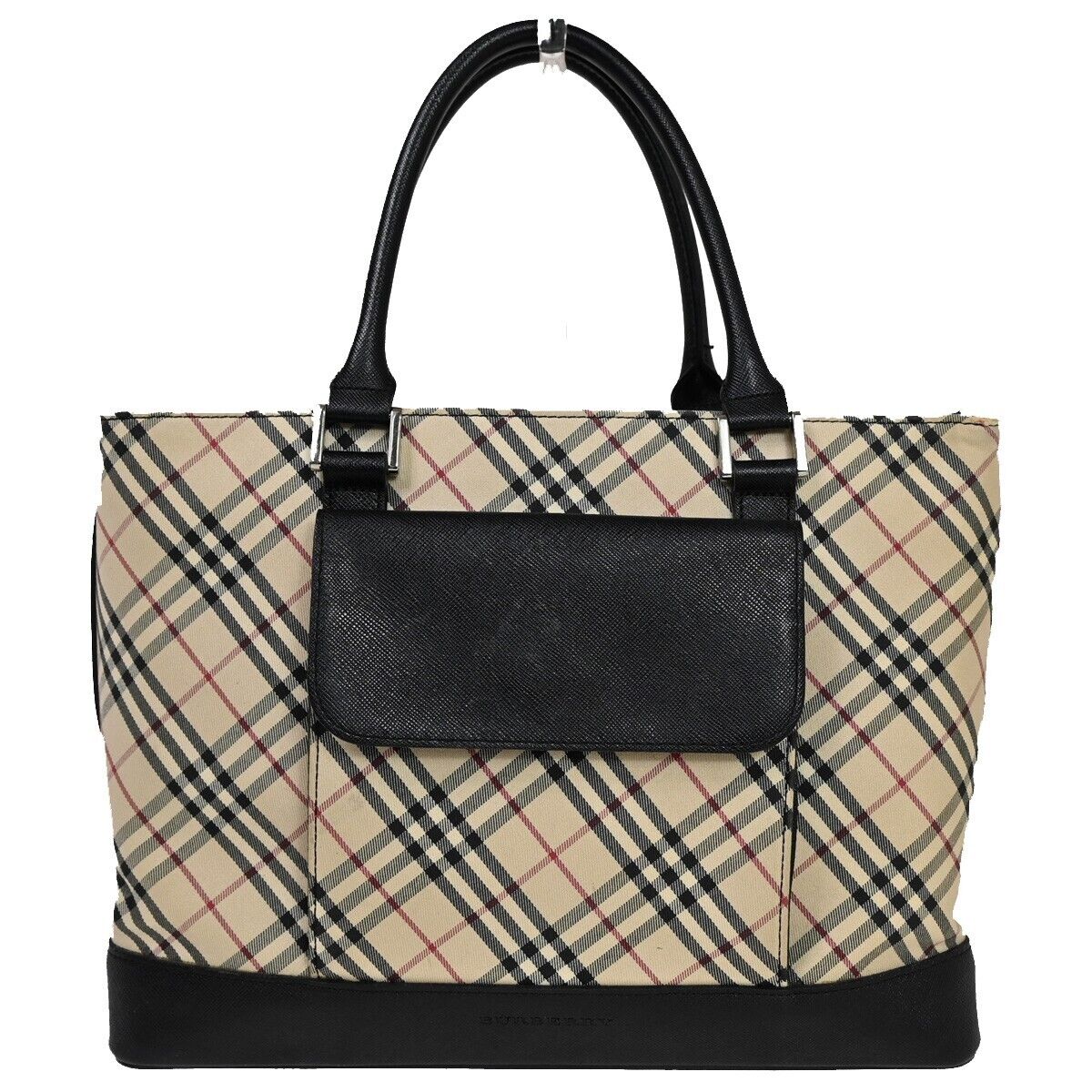 BURBERRY Logo Nova Check Hand Tote Bag Canvas Leather Beige Black Silver 69HB709