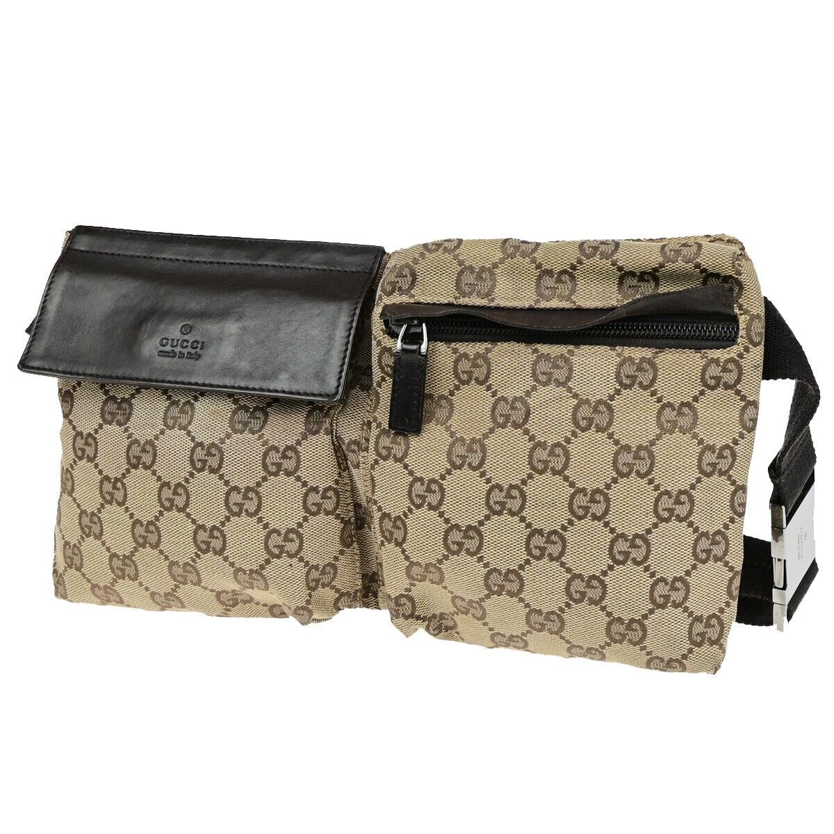 GUCCI Logo GG Pattern Bum Bag Belt Canvas Leather Brown Silver Italy 30ED208