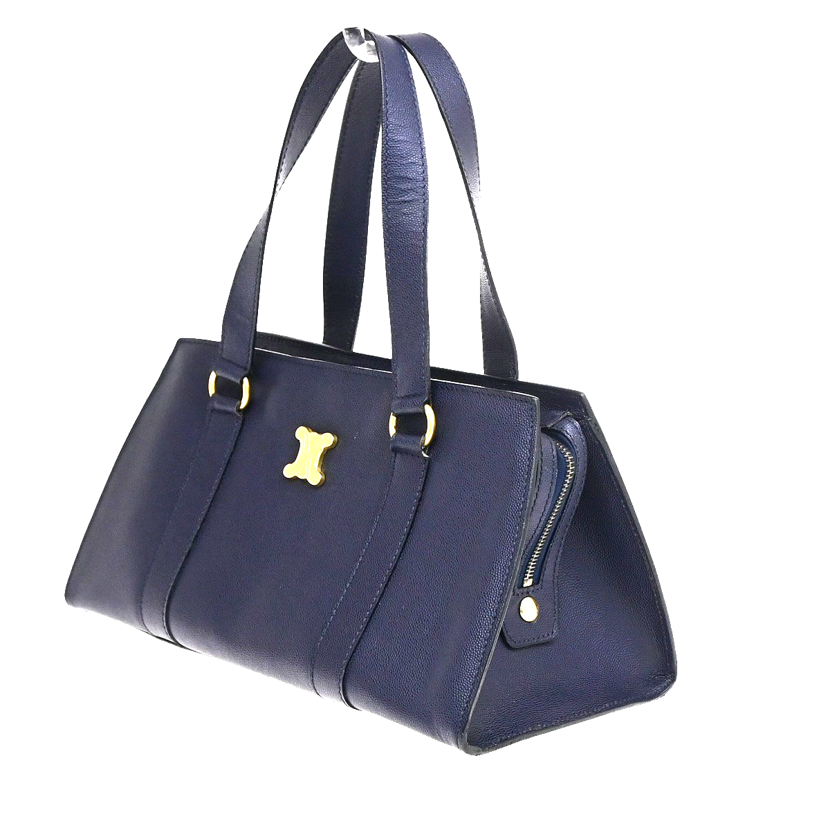 CELINE Logo Shoulder Hand Bag Grained Leather Navy Blue GHW Italy 65KD114