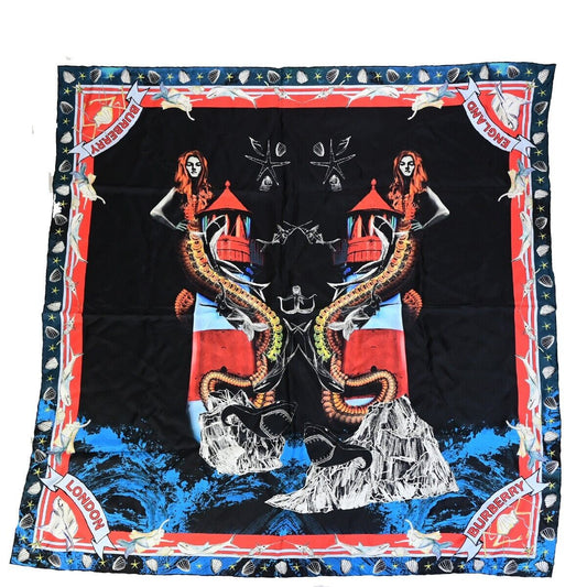 BURBERRY LONDON XL JUMBO Mermaid Scarf Handkerchief Silk Black Accessory 60KA304