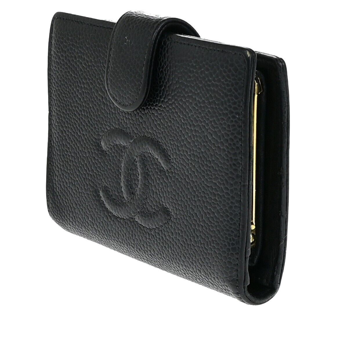 CHANEL CC Logo Compact Wallet Grained Calfskin Leather Black GHW France 87RK702