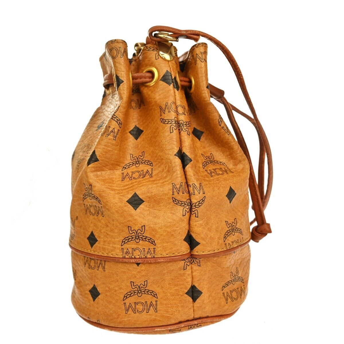 MCM Drawstring Shoulder Bag Leather Brown Gold Plated Made In Germany 68GA036