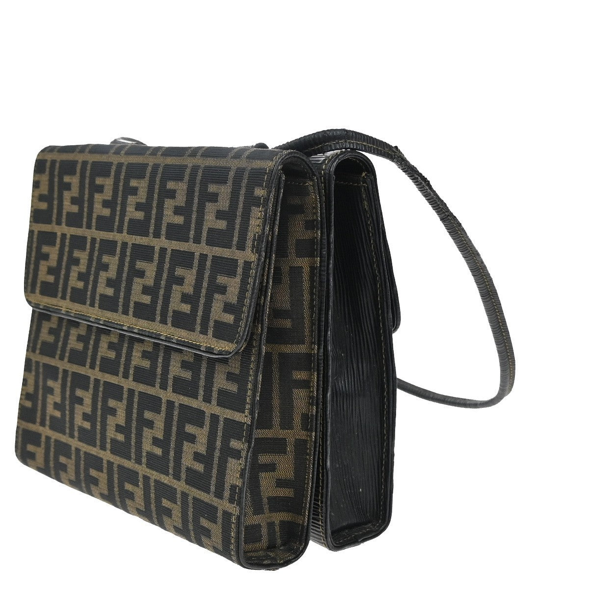 FENDI Logo Zucca Pattern Shoulder Bag Canvas Leather Brown Black GHW 76KP016