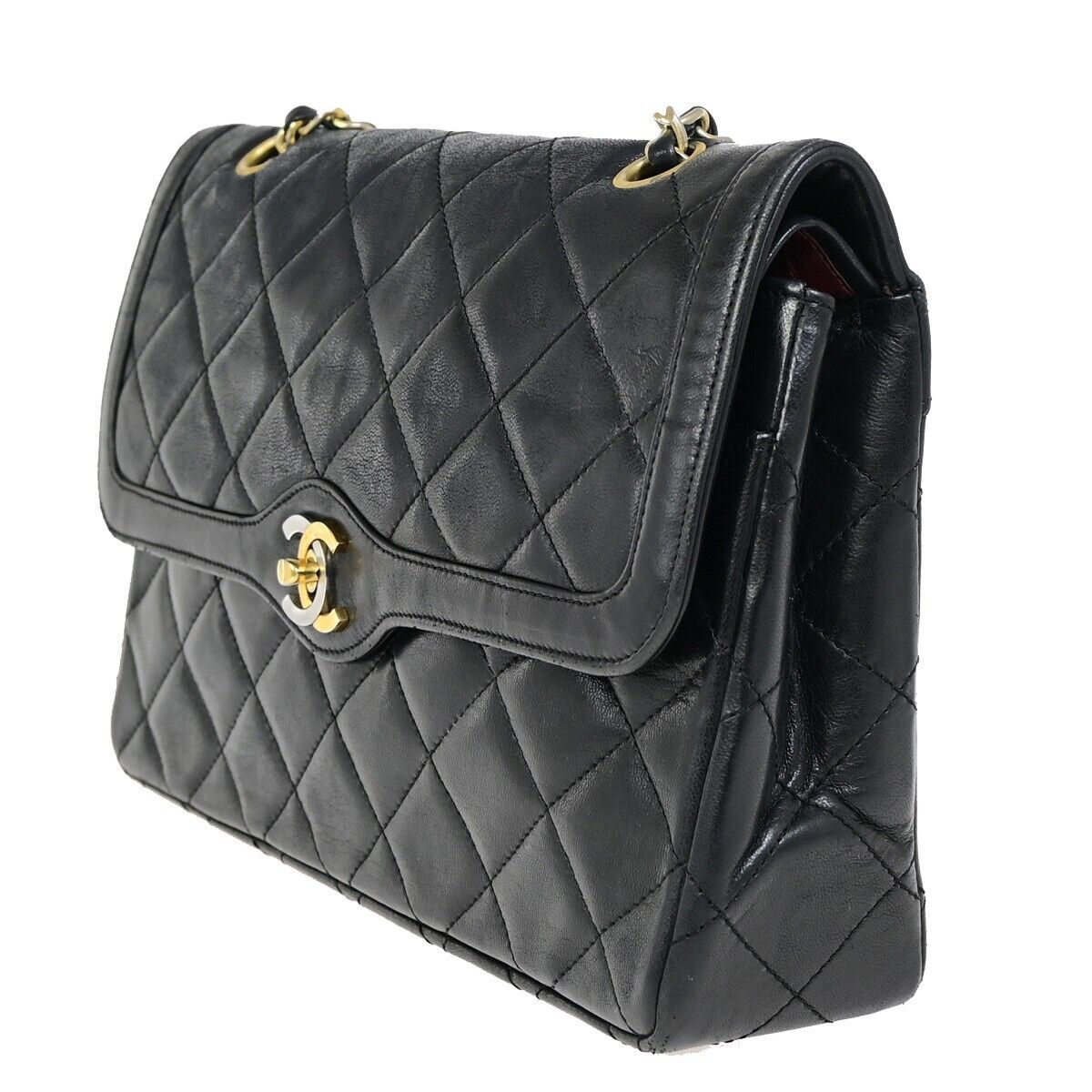 CHANEL CC Matelasse Paris Double Flap Chain Shoulder Bag Leather Black 644RF154