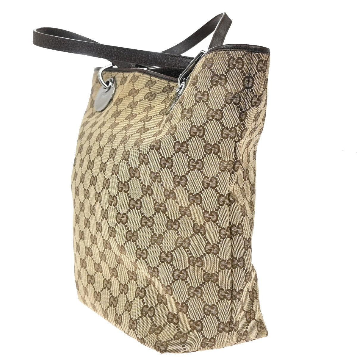 GUCCI Logo GG Pattern Shoulder Bag Canvas Leather Brown Silver Italy 61KB384