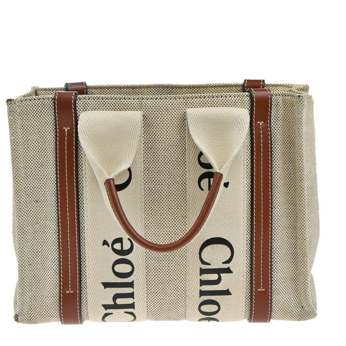 CHLOE Logo Woody Small Hand Tote Bag 100% Cotton Leathr Beige Italy 30KP573