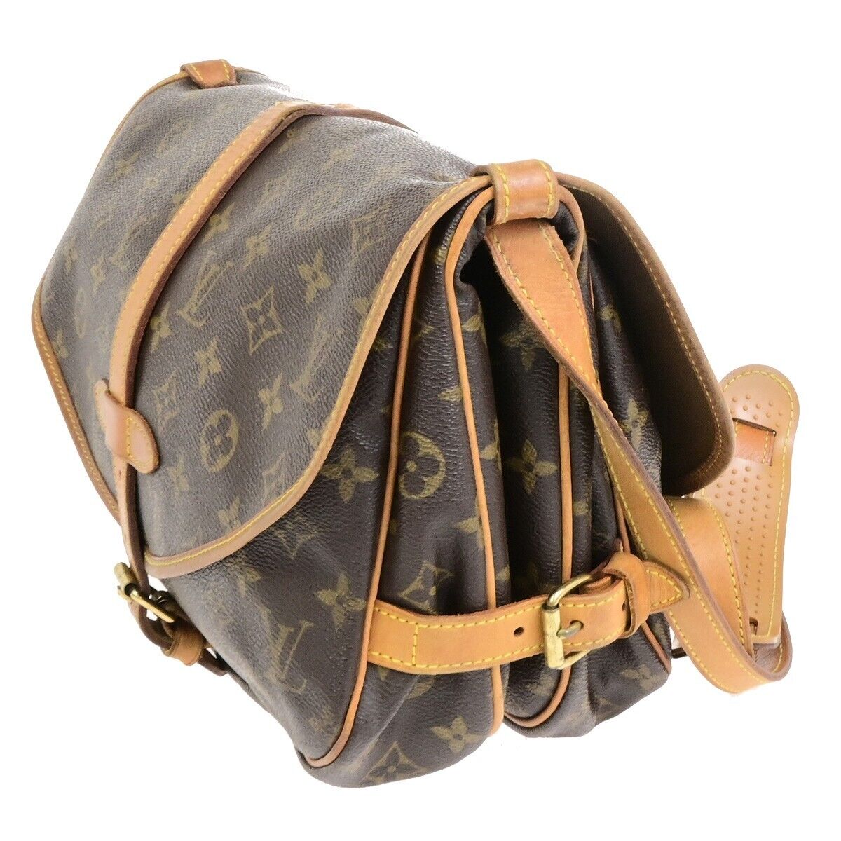 LOUIS VUITTON Logo Saumur MM Shoulder Bag Monogram Leather Brown M40710 83FB519