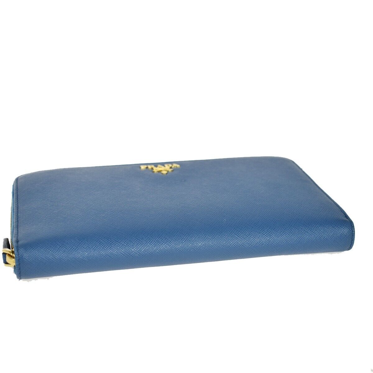 PRADA Logo Long Bifold Organizer Wallet Purse Saffiano Leather Blue Gold 89RH569