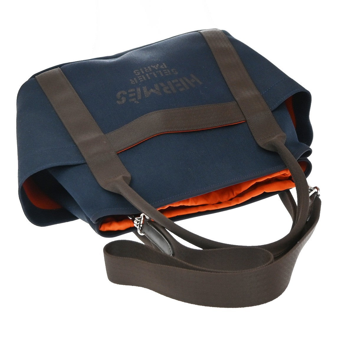 HERMES Logo Grooming 2Way Shoulder Hand Bag Canvas Leather Blue Orange 332LC612