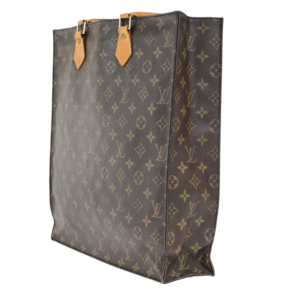 LOUIS VUITTON Logo Sac Plat Hand Tote Bag Monogram Leather Brown M51140 65ED899