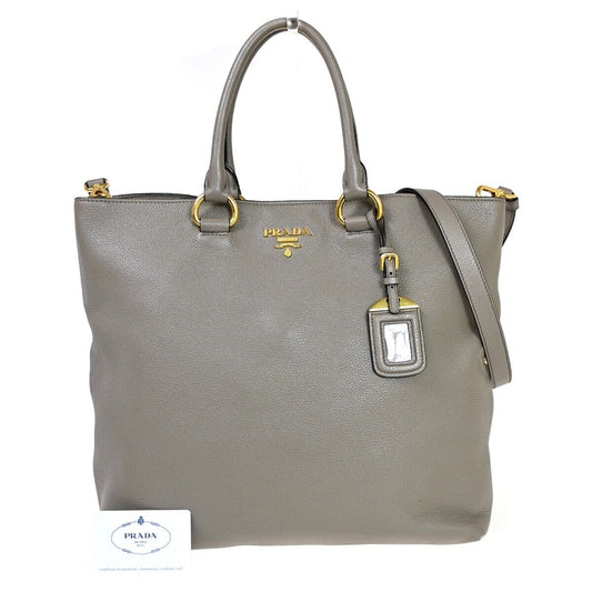 PRADA MILNO Logo 2Way Shoulder Hand Bag Leather Argilla Gray Gold-plated 83HB564