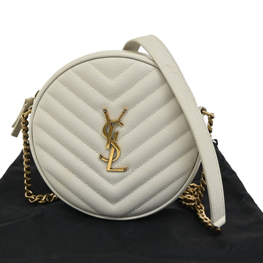 SAINT LAURENT Logo Vinyle Round Chain Shoulder Bag Leather White 667RL200
