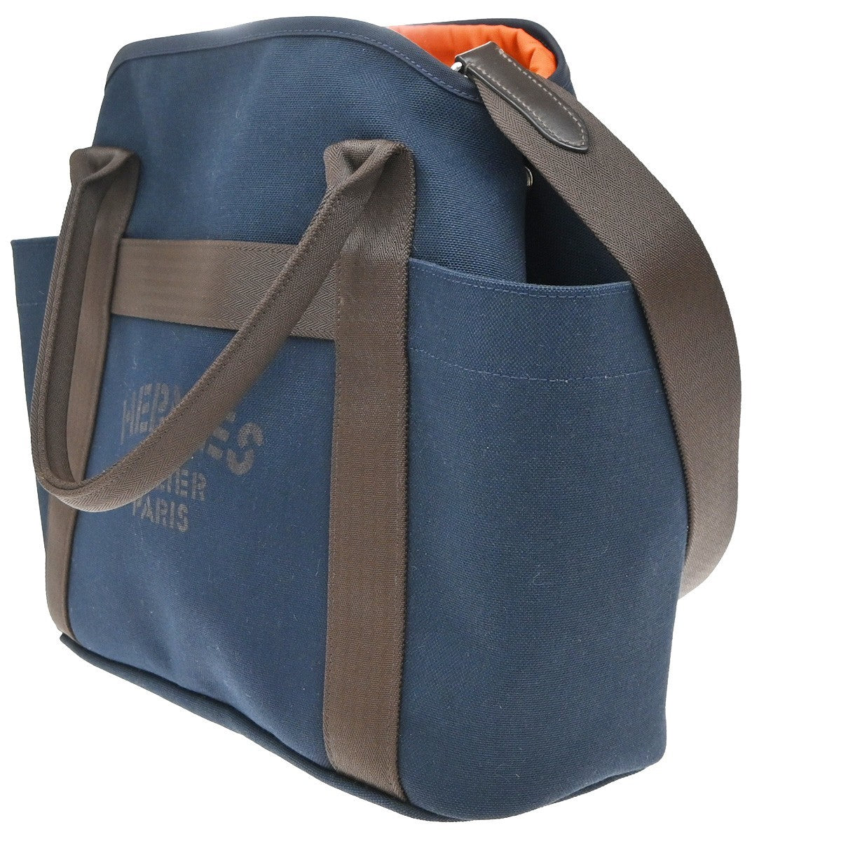 HERMES Logo Grooming 2Way Shoulder Hand Bag Canvas Leather Blue Orange 332LC612