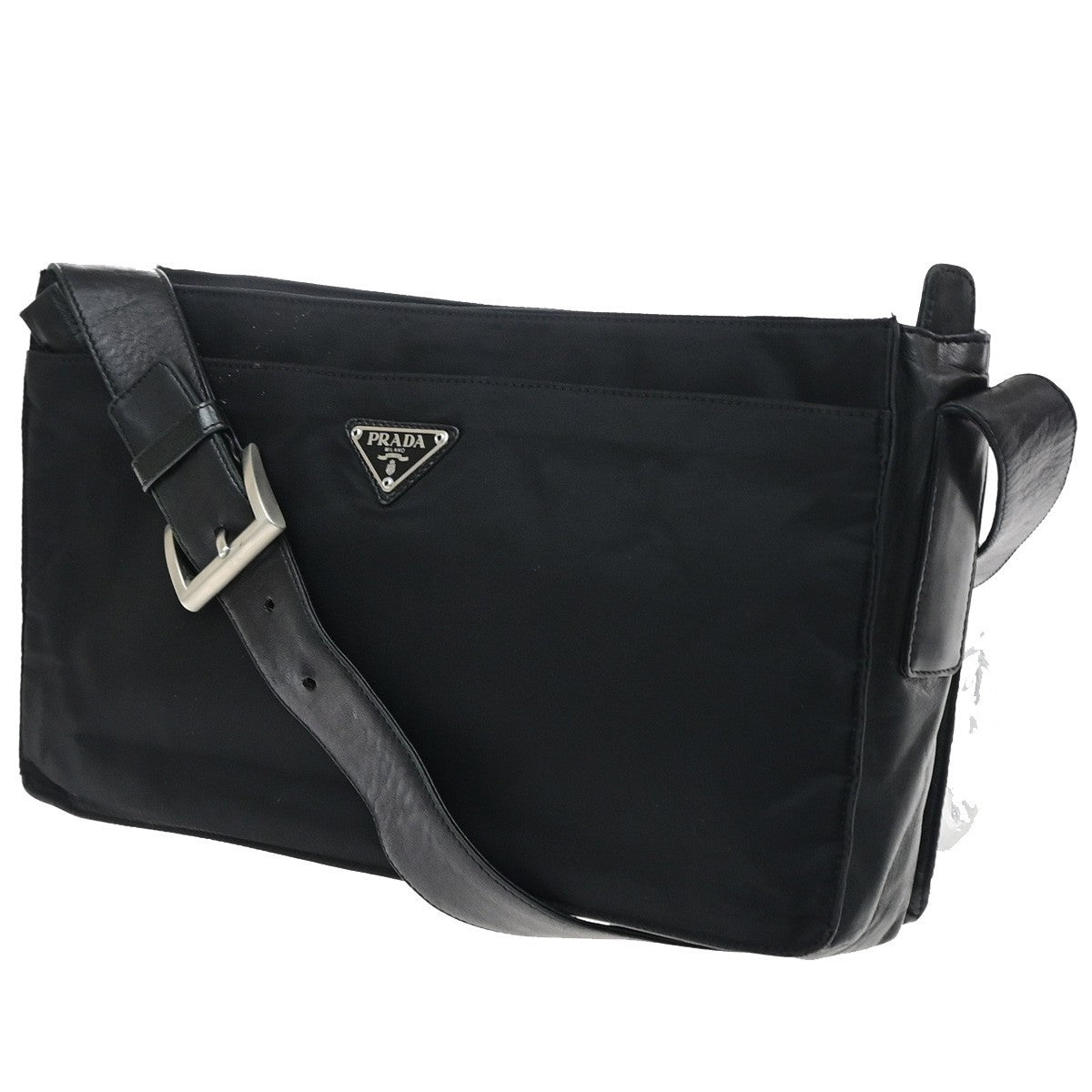PRADA MILANO Logo Tessuto Shoulder Bag Nylon Leather Black 62SA169