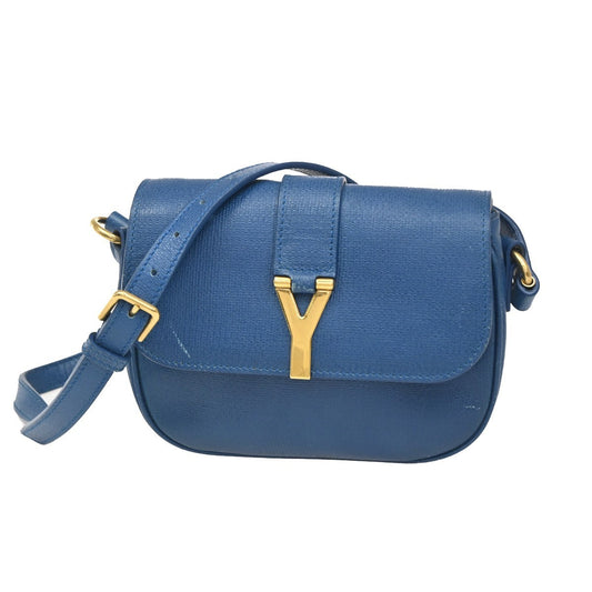 YVES SAINT LAURENT YSL Textured Shoulder Bag Calfskin Leather Navy Blue 69CA594