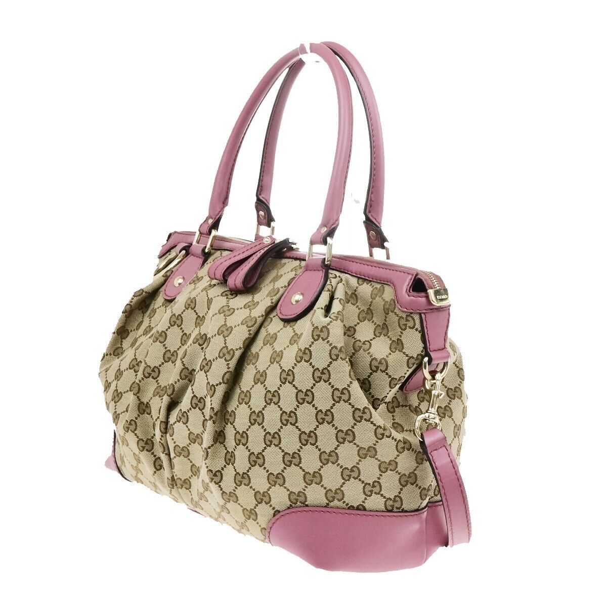 GUCCI Logo GG Pattern Shoulder Bag Canvas Leather Pink Brown GHW 32ED950