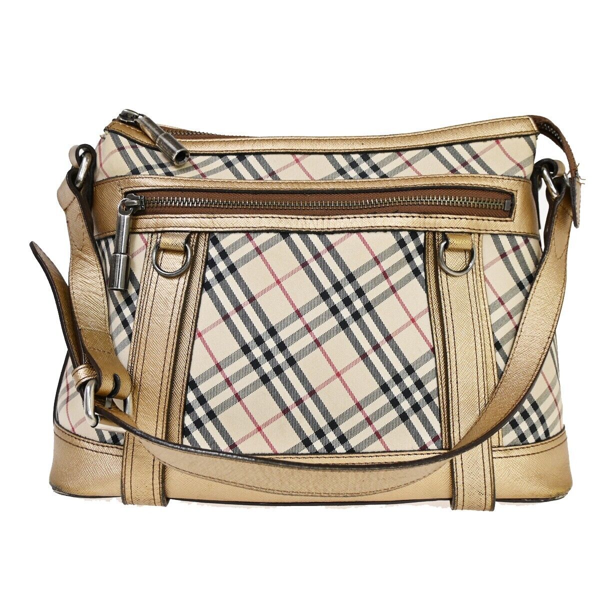 BURBERRY Logo Nova Check Shoulder Bag Canvas Leather Beige Gold Silver 60HB657
