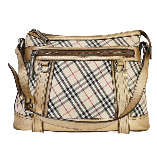 BURBERRY Logo Nova Check Shoulder Bag Canvas Leather Beige Gold Silver 60HB657