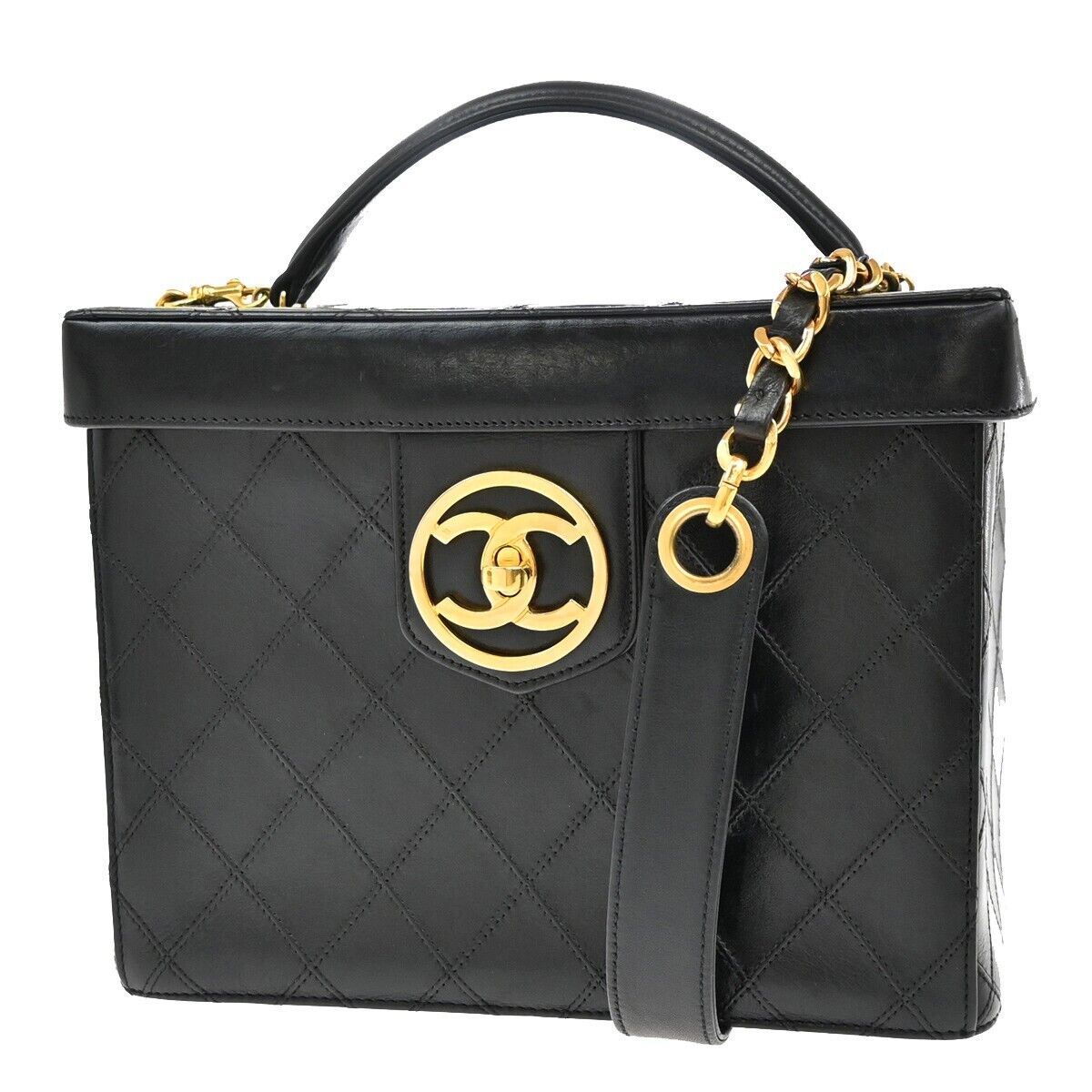 CHANEL CC Logo Bicolore 2Way Vanity Shoulder Hand Bag Leather Black GHW 653RF235