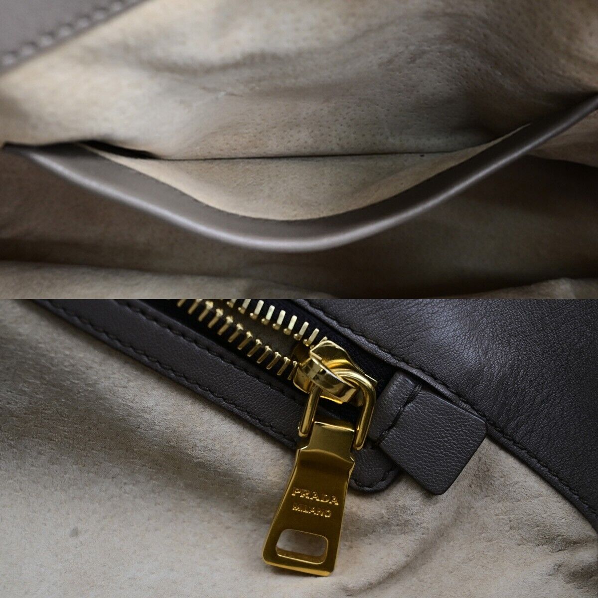 PRADA MILANO Logo Hand Tote Bag Leather Gray Gold-Plated 32FB528