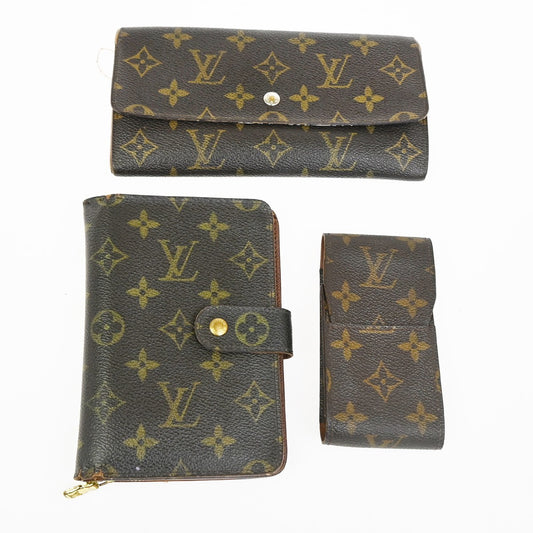 14.Live LOUIS VUITTON LV 3 Set Wallet Cigarette Case Monogram Leather 68KC965