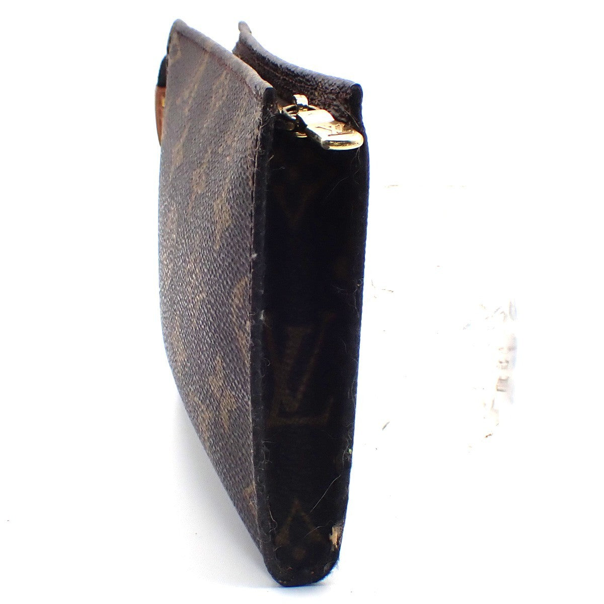 LOUIS VUITTON LV Logo Bucket PM Pouch Bag Monogram Leather Brown Gold 05KC808