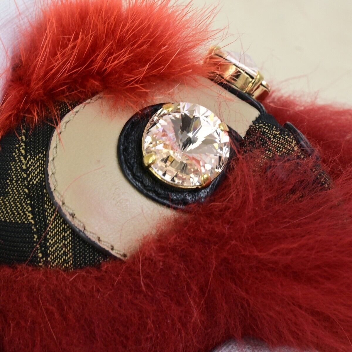 FENDI Logo Zucca Pattern Monster Bag Charm Key Ring Metal Fur Canvas Red 69KA428
