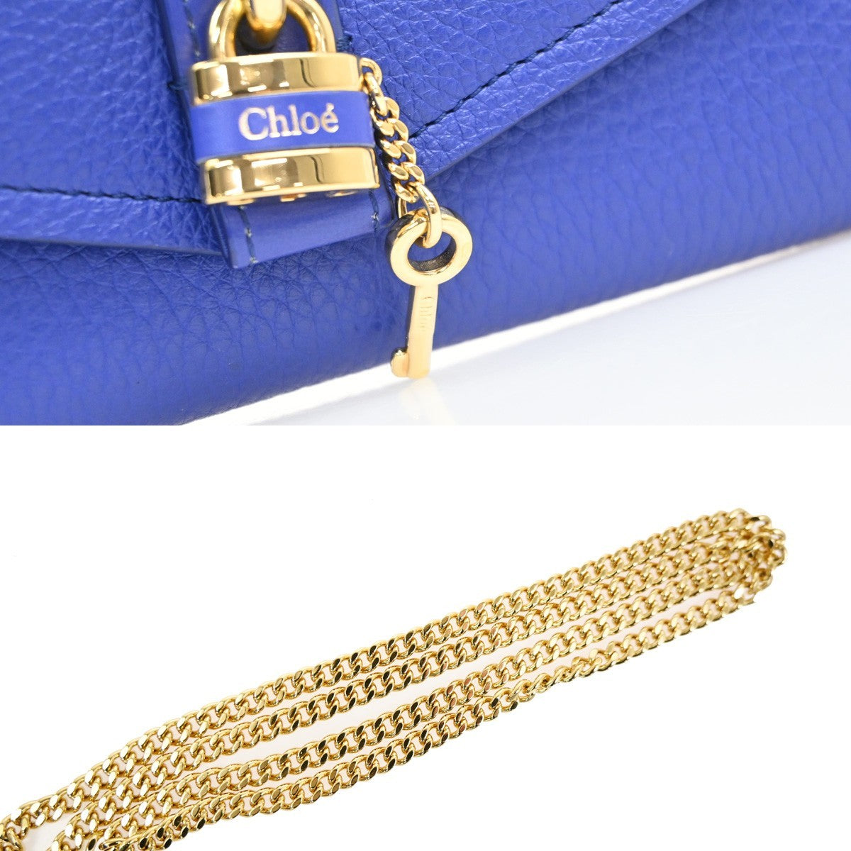 CHLOE Logo Chain Shoulder Bifold Long Wallet Leather Blue GHW Spain 64MA495