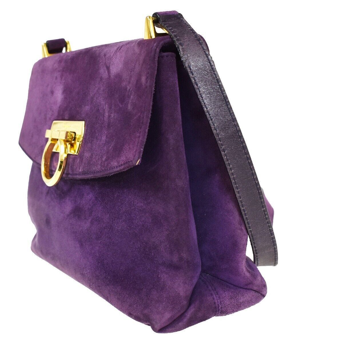 SALVATORE FERRAGAMO Gancini Shoulder Bag Suede Leather Purple Gold Italy 66YC022