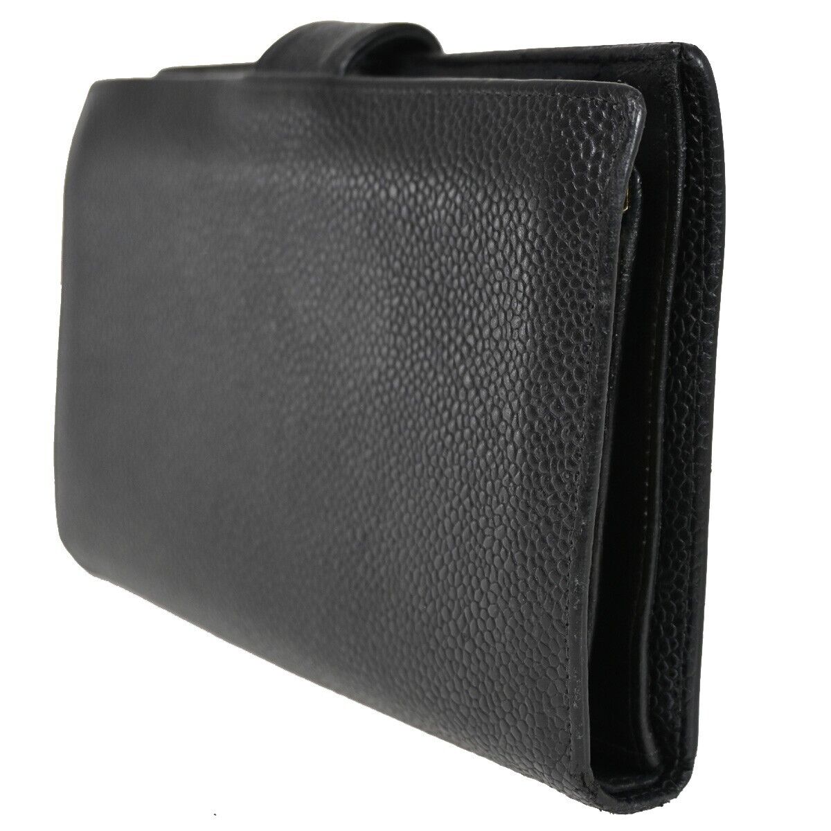 CHANEL CC Logo Long Bifold Wallet Purse Caviar Skin Leather Black GHW 34RF095
