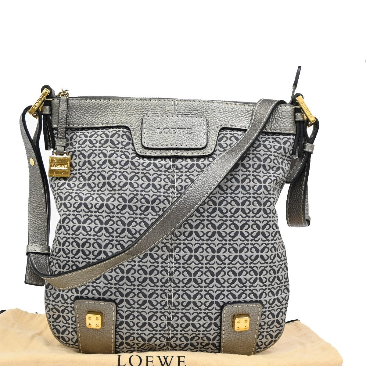 LOEWE Logo New Road Crossbody Shoulder Bag Canvas Leather Gray GHW 30KB767