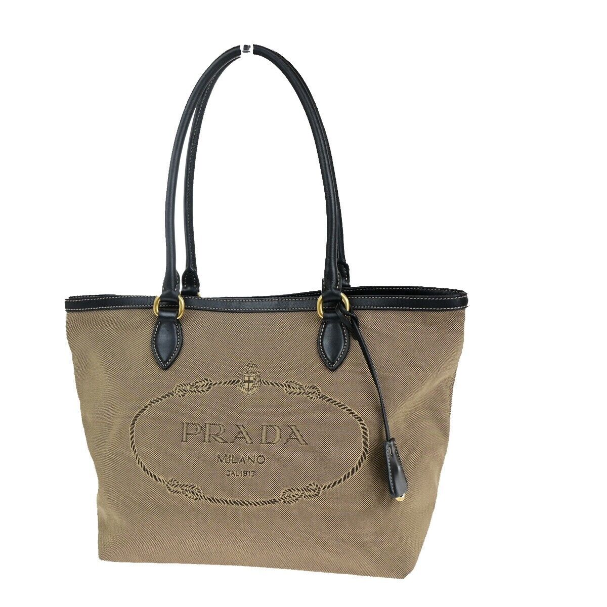 PRADA MILANO Logo Jacquard Shoulder Bag Canvas Leather Brown Black Gold 75SH961