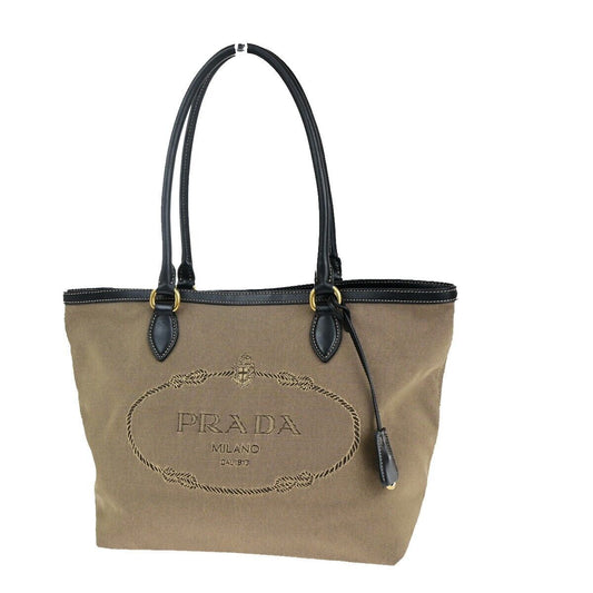PRADA MILANO Logo Jacquard Shoulder Bag Canvas Leather Brown Black Gold 75SH961