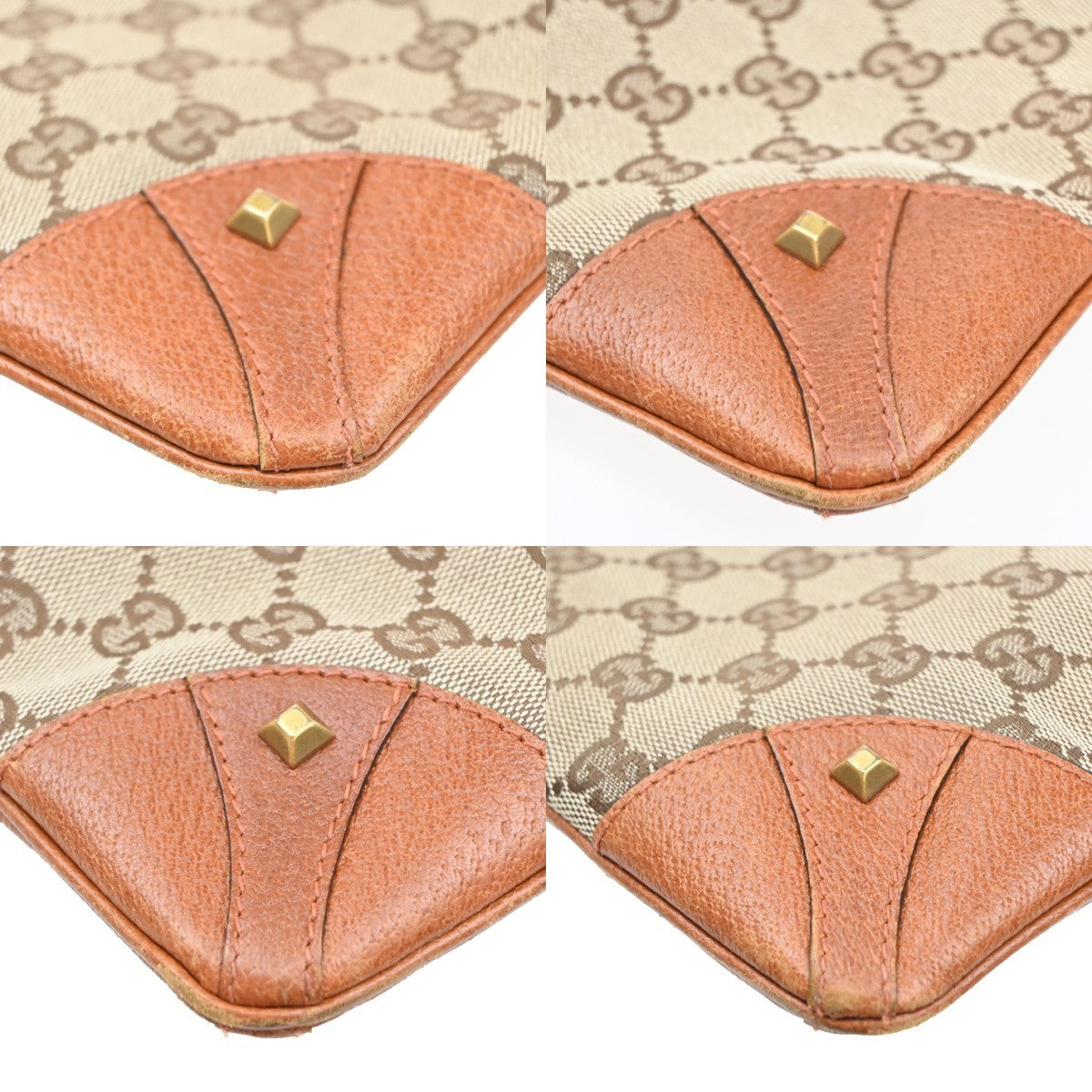 GUCCI Nailhead GG Pattern Shoulder Bag Canvas Leather Brown Orange 70YJ155