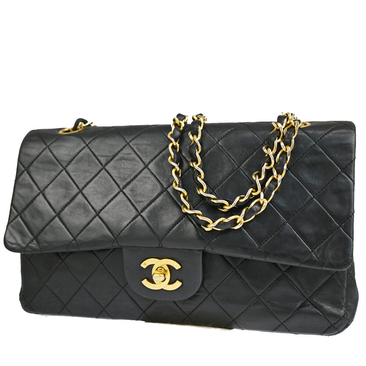 CHANEL CC Matelasse 25 Double Flap Chain Shoulder Bag Leather Black GHW 373RJ561