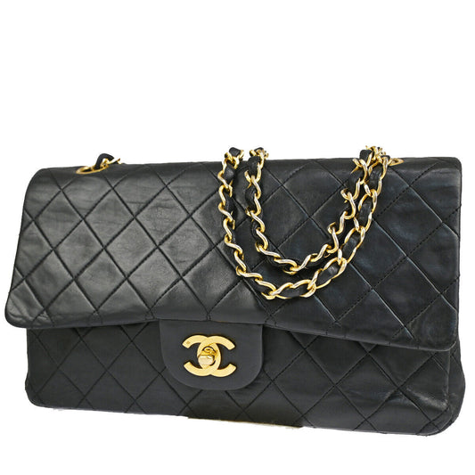 CHANEL CC Matelasse 25 Double Flap Chain Shoulder Bag Leather Black GHW 373RJ561