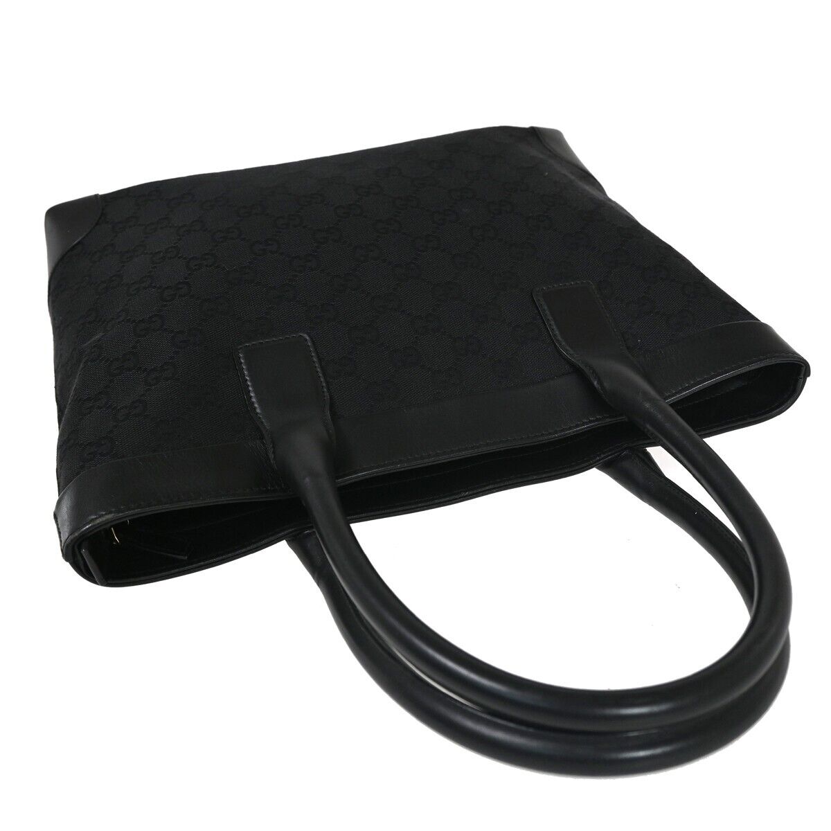 GUCCI Logo GG Pattern Shoulder Tote Bag Canvas Leather Black Silver 38SH187