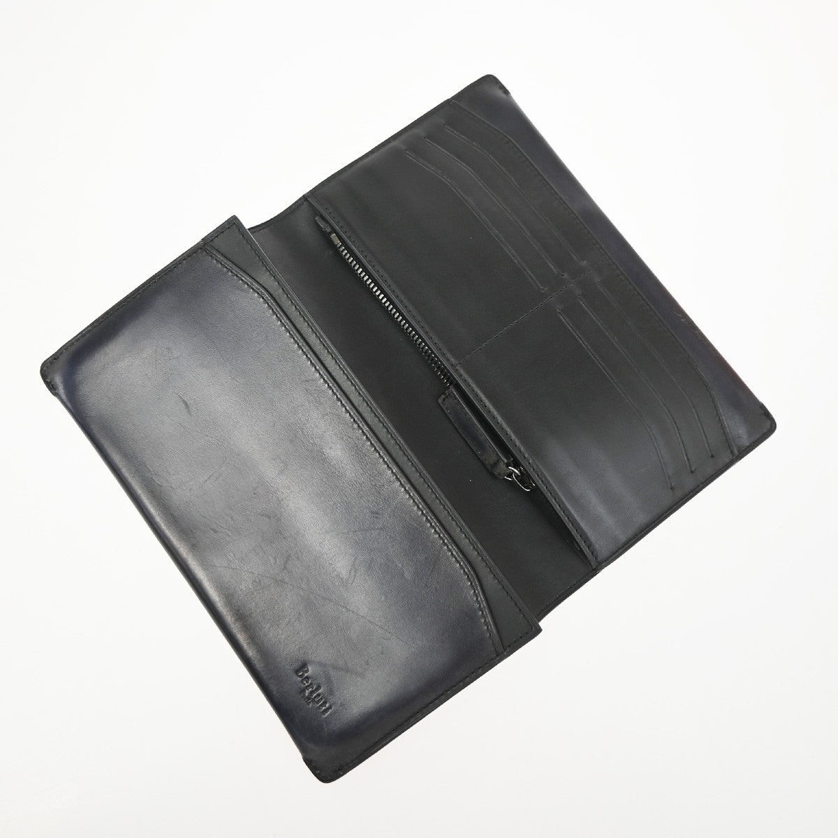 BERLUTI Logo Calligraphy Bifold Long Wallet Leather Patina Navy Blue 34KD078