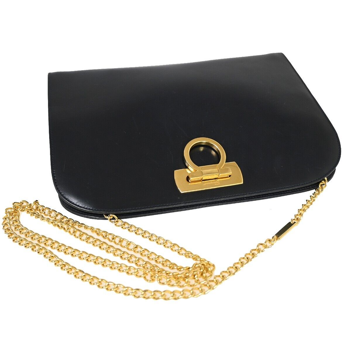 SALVATORE FERRAGAMO Chain Gancini Shoulder Bum Bag Leather Navy Gold 60SH362