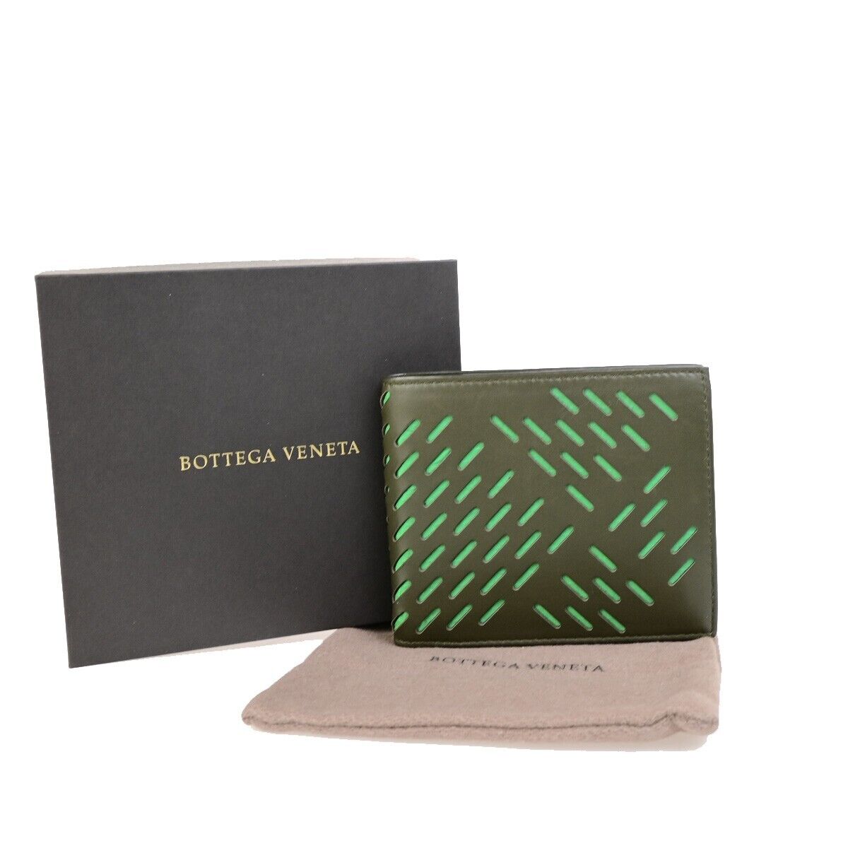BOTTEGA VENETA Logo Bifold Compact Wallet Leather Khaki Green Italy 36FB223