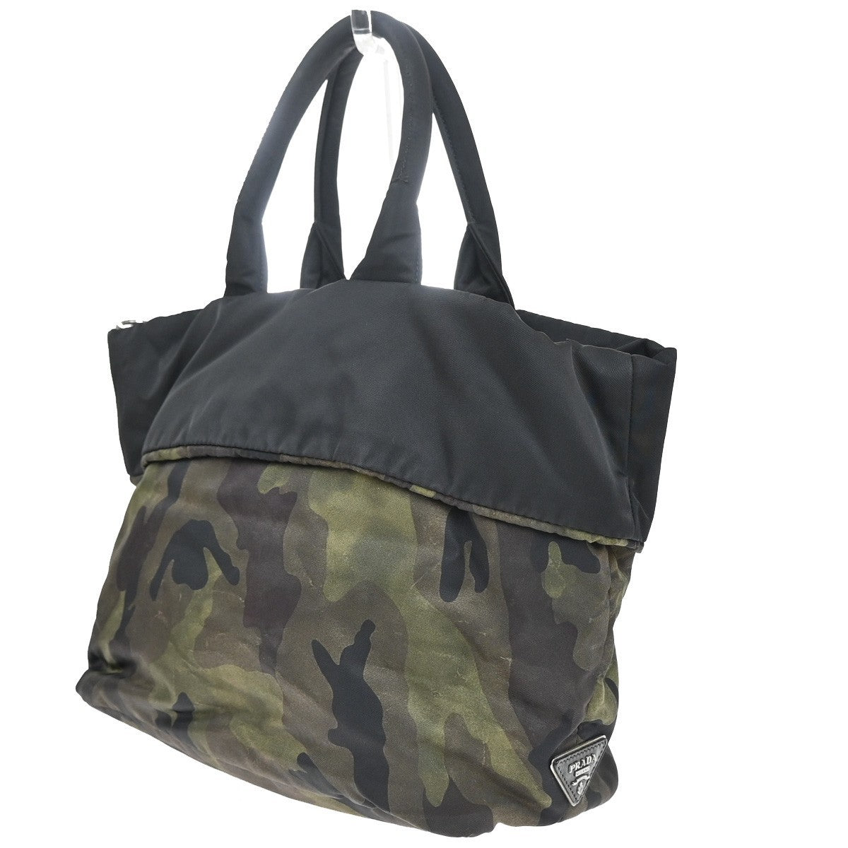 PRADA Logo Reversible Tessuto Hand Bag Nylon Leather Camouflage Black 35KP373